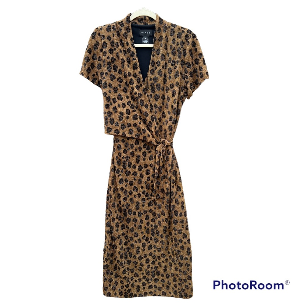 Virgo Leopard Gold Shimmer Faux Wrap Dress